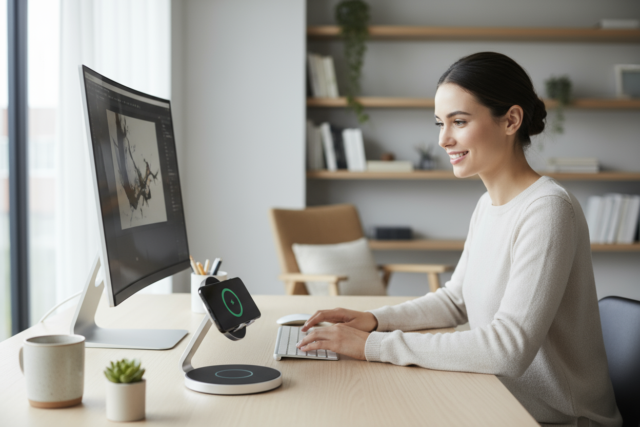 creame una imagen de una chica utilizando el cargador 360 con  soporte en la mesa