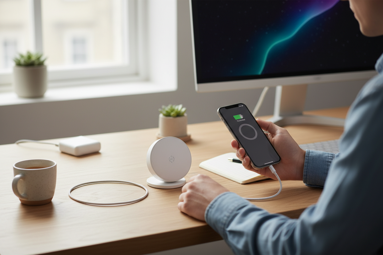 generame una imagen de un joven  cargando su celular con el cargador powermag sobre la mesa