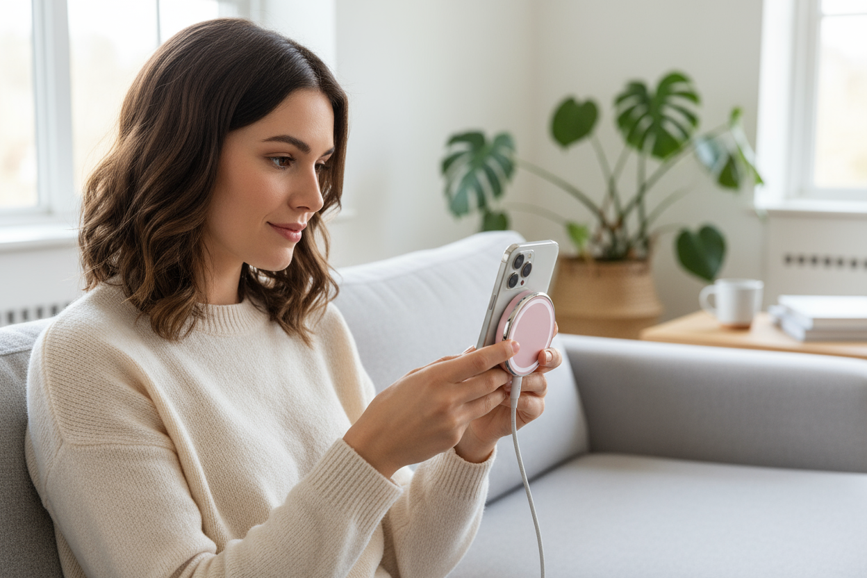 generame una imagen de una joven  utilizando el cargador magnetico powermag de color rosado 